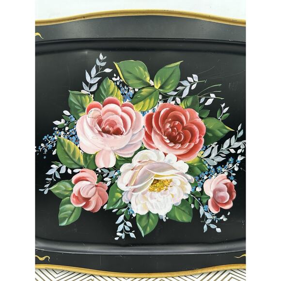 Vintage Black Lithographed Tin Toleware-Style Floral Tray Rectangle 13” x18” - Picture 3 of 7